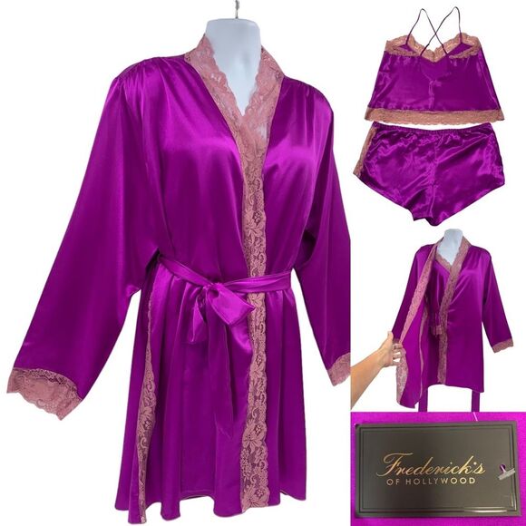 Frederick’s Of Hollywood Satin Lace Robe Matching Cami & Shorts 3 PIECE Sz.XL - Picture 1 of 11